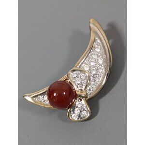Vintage Red Glass Rhinestone Pave Crescent Moon Bow Brooch‎ Pin